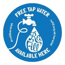 Refill free tap water logo - Link to download the free app to tap into a global network of places to reduce, reuse and refill.