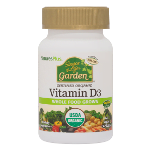 Natures Plus Vitamin D3 bottle - certified organic - whole food grown - 60 vegan capsules - online shop product image