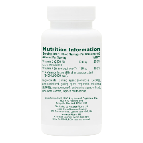 NaturesPlus Vitamins D3 & K2 Nutrition Information